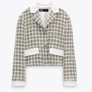 ZARA Women Tweed Cropped Blazer Jacket Houndstooth Cream Gray Size S